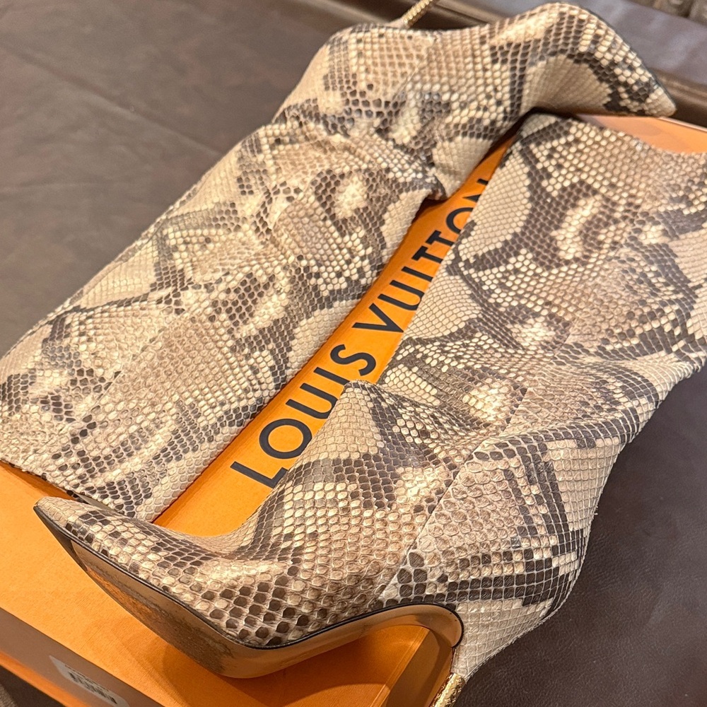 Louis Vuitton Snakeskin Pattern Heeled Boots in Beige and Brown